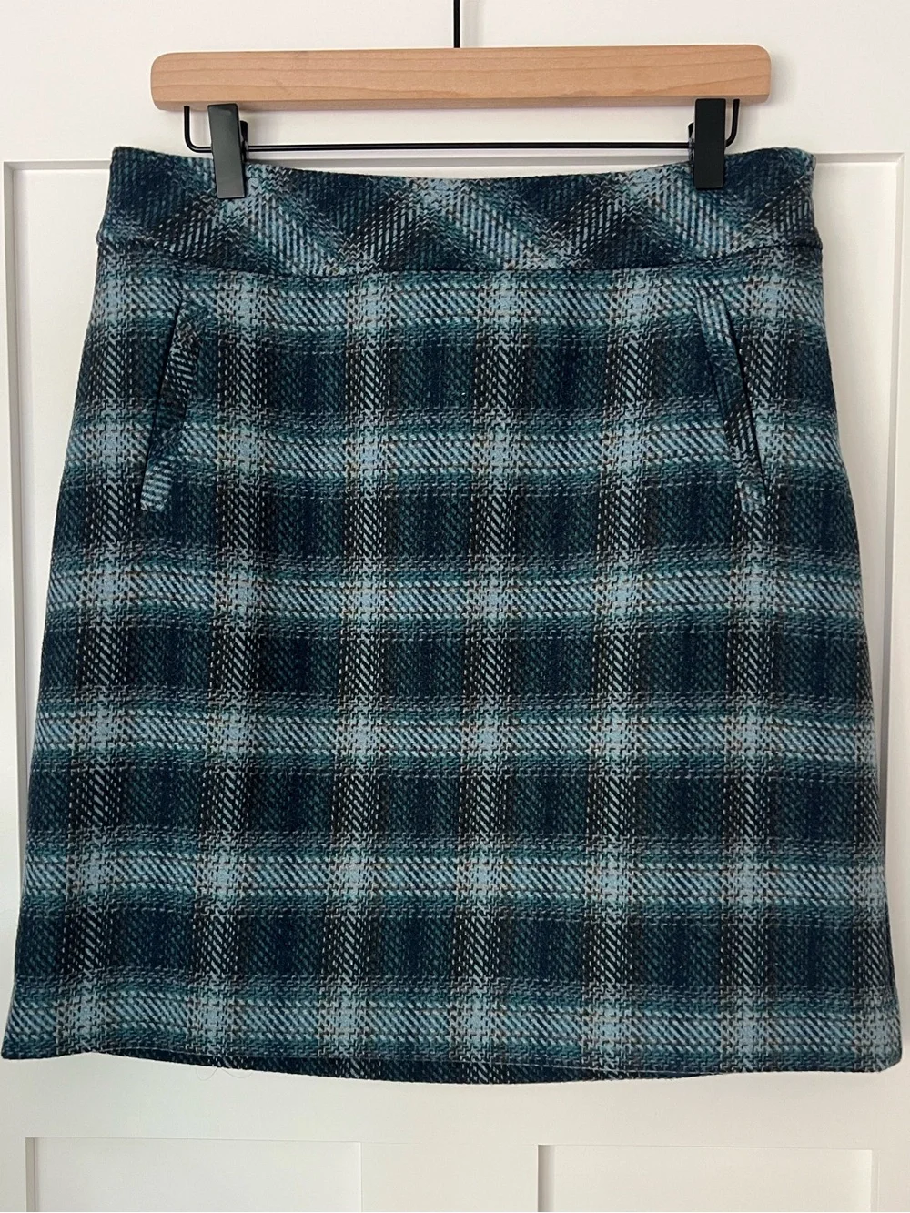 Talbots Wool Blend Blue Green Plaid Skirt Size 8 Dark Academia
